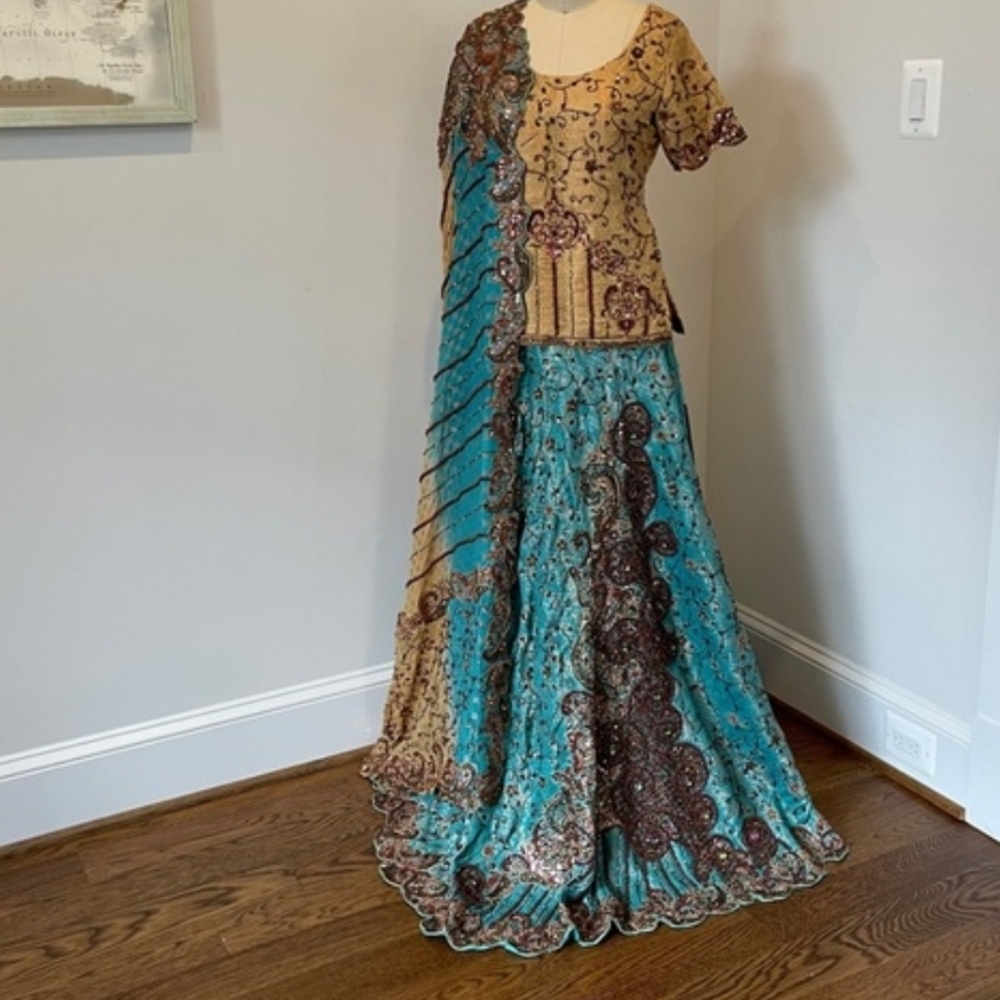 Turquoise & Beige Bridal Lengha Set (very heavy!)